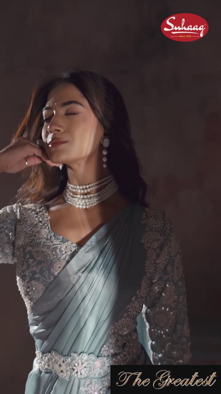 Icy Blue Satin Saree with Intricate Full-Sleeve Embroidery & Belt Set