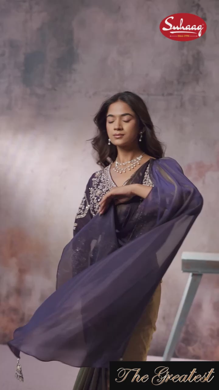 Royal Plum & Gold Ombré Saree with Ornate Full-Sleeve Blouse & Belt Set