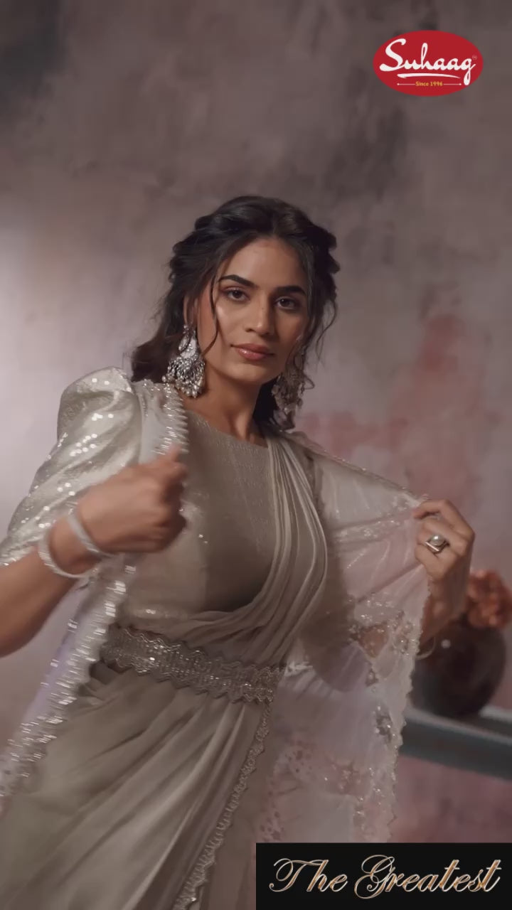 Silver-Grey Shimmer Saree with Sequin Puff-Sleeve Jacket & Belt Set