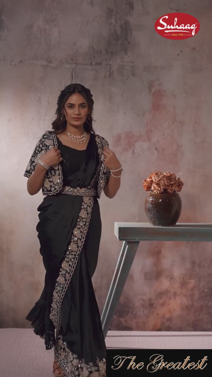 Midnight Black Satin Saree with Floral Scalloped Bolero & Belt Set